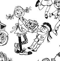 Pippi Langstrumpf schenkt einem Kind eine Kiste
          Baukltze