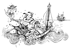 Jim und Buck werden von Pippi Langstrumpf
                      vertrieben, die beiden Ruber landen im Boot.