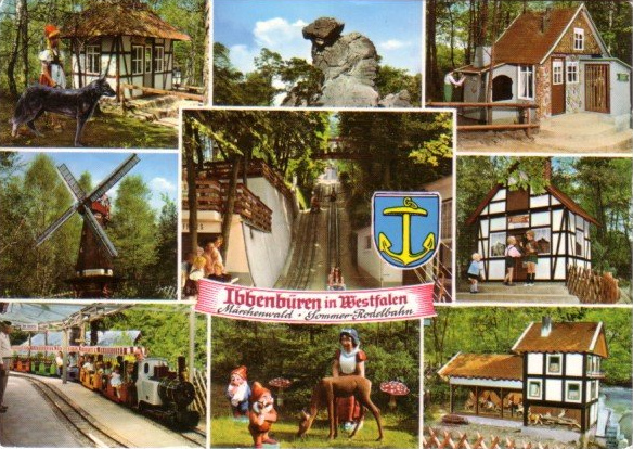 Fairy tale forest of Ibbenbueren 00,
                              picture postcard showing some of the fairy
                              tale houses, the park train and the luge
                              run