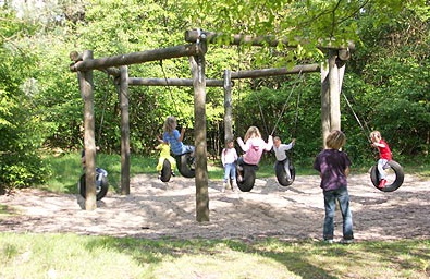 Vertical tire swing 06 in
                          a hexagon with a woodchip ground in Bispingen,
                          Lower Saxony, Germany