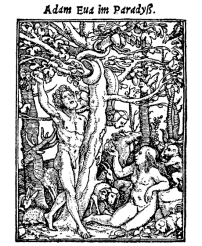 Hans Holbein der Jngere: Holzschnitt aus
                          dem Totentanz: Adam und Eva im Paradies