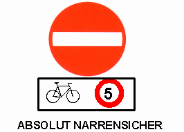 Verkehrsschild
                        Einbahnstrasse (falsche Richtung), mit der
                        Ergnzung: Velo / Fahrrad erlaubt bei Tempo 5