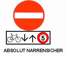 Verkehrsschild
                        Einbahnstrasse (falsche Richtung) mit der
                        Ergnzung: Velo / Fahrrad im Gegenverkehr
                        erlaubt, mit Tempo 5
