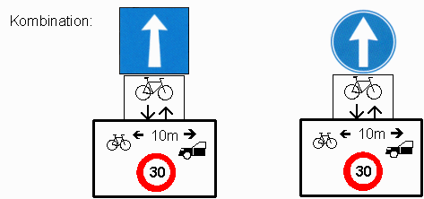 Verkehrsschild Einbahnstrasse (eine
                          Richtung), Ergnzung: Velos / Fahrrad im
                          Gegenverkehr erlaubt, weitere Ergnzung: Der
                          Abstand zwischen Velos und nachfolgendem Auto
                          soll mindestens 10m betragen, ausserdem
                          Tempo-30-Angabe im Abstand.