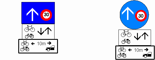 fEinbahnstrasse (eine Richtung),
                          Ergnzung: Velo / Fahrrad und Mofa im
                          Gegenverkehr erlaubt, Ergnzung: Der Abstand
                          zwischen Velo / Fahrrad / Mofa und Auto soll
                          mindestens 10m betragen, Ergnzung: Tempo 30