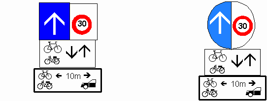 Einbahnstrasse (eine Richtung),
                          Ergnzung: Velo / Fahrrad und Mofa im
                          Gegenverkehr erlaubt, Ergnzung: Der Abstand
                          zwischen Velo / Fahrrad / Mofa und Auto soll
                          mindestens 10m betragen, Ergnzung:
                          Tempo-30-Angabe mit Farbwechsel