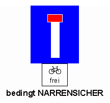 Verkehrszeichen Sackgasse, Ergnzung:
                          Velo frei / Fahrrad frei