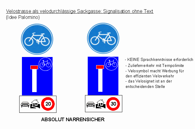 Verkehrszeichen Veloweg / Velostrasse /
                          Fahrradweg / Fahrradstrasse, Ergnzung: Fr
                          Anlieger / Zubringer gilt eine Sackgasse,
                          maximal Tempo 20 / 30, Signalisation ohne
                          Text.