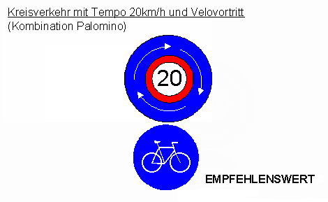Verkehrsschild Kreisverkehr mit Tempo 20
                          integriert, kombiniert mit Verkehrszeichen
                          Veloweg / Fahrradweg als Velovortritt /
                          Fahrradvortritt