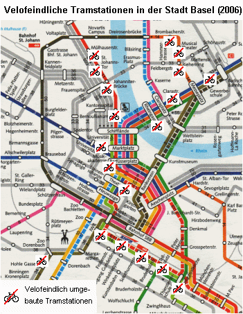 Plan des ffentlichen Verkehrs Basel
                              mit Einzeichnung der velofeindlichen
                              Tramstationen (2006)