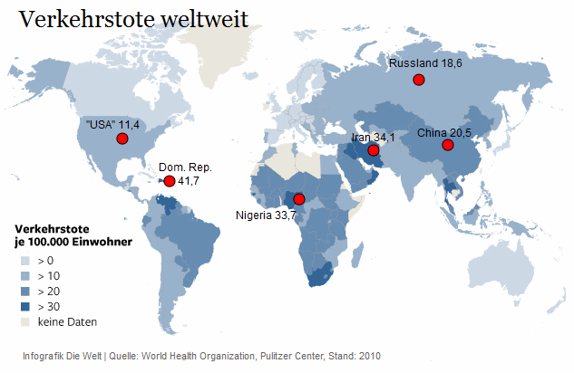 Weltkarte der prozentualen
                            Verkehrstoten 2010