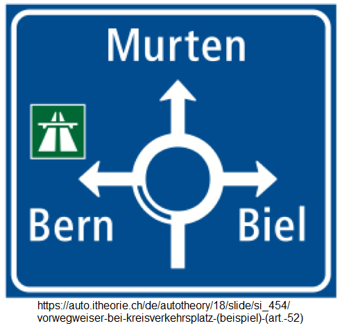 62. Hinweistafel:
                          Vorwegweiser bei Kreisverkehrsplatz / Kreisel,
                          z.B. Biel, Murten, Bern (Art. 52)