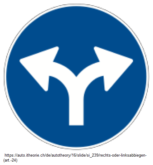 35. Blaues
                          Vorschriftssignal: Obligatorisches Abbiegen
                          nach rechts oder links (Art. 24)