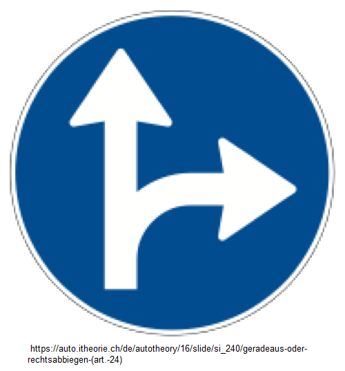 36.
                      Blaues Vorschriftssignal: Obligatorische
                      Fahrtrichtungen geradeaus fahren oder nach rechts
                      abbiegen (Art. 24)