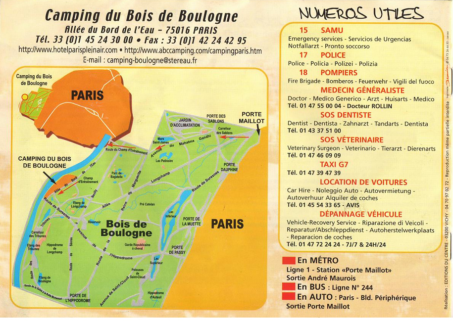 Paris Camping Stadtplan plan de ville Bois de
                      Boulogne