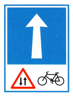 Verkehrszeichen: Hinweissignal Einbahnstrasse
                      geradeaus mit Velogegenverkehr / Fahrrad im
                      Gegenverkehr