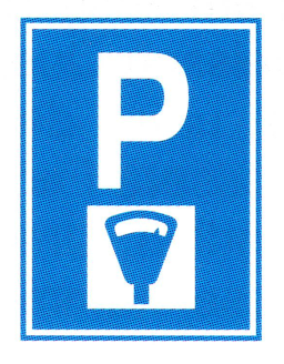 Verkehrszeichen: Hinweissignal Parkplatz mit
                      Parkuhr, Gebhr zahlen