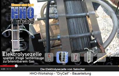 Die Knallgas-Trockenzelle zur Elektrolyse
                          spaltet 3%ige Seifenlauge (Kaliumhydroxyd KOH)
                          auf. Dabei entsteht brennbares Knallgas.