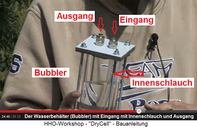 Der Bubbler, Nahaufnahme mit dem Eingang
                          mit Innenschlauch und dem Ausgang ohne
                          Innenschlauch.