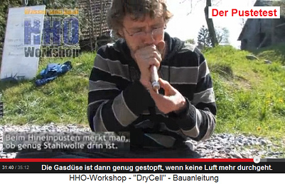 Der Pustetest bei der Gasd�se: Wenn man
                          keine Luft mehr durchpusten kann, dann ist die
                          Gasd�se gen�gend gestopft