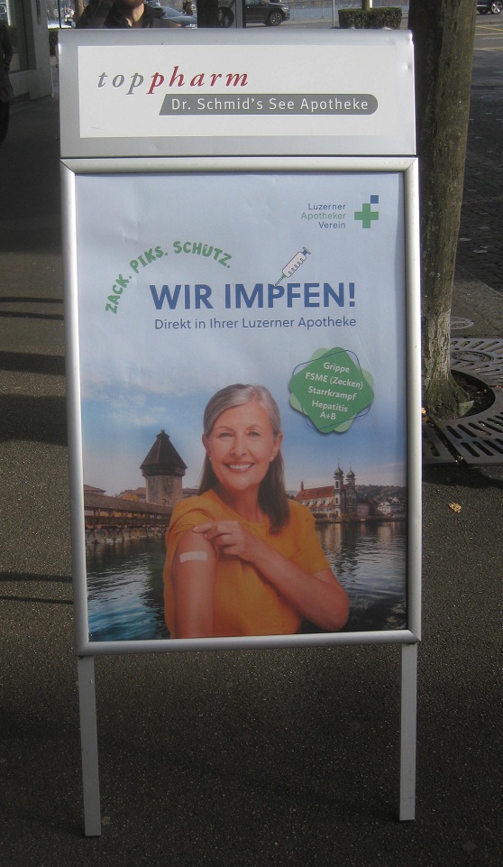 Gaga-Plakat der See-Apotheke in Luzern
"Wir impfen" Gaga-Plakat der
See-Apotheke in Luzern "Wir impfen"