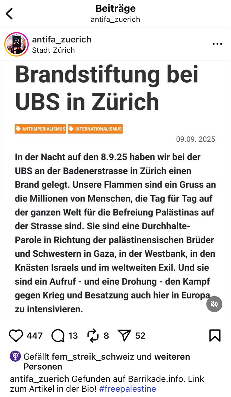 Kriminelle Antifa Z�rich: Artikel:
                      Brandstiftung bei UBS in Z�rich 9.9.2025