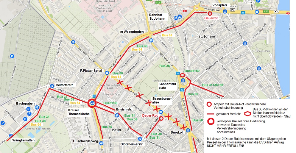Karte von Basel-West:
                Dauerstau durch 2 Dauer-Rots und zu eng gebauter Station
                beim Kannenfeldplatz - haufenweise Buslinien sind
                blockiert - feministischer WAHNSINN!